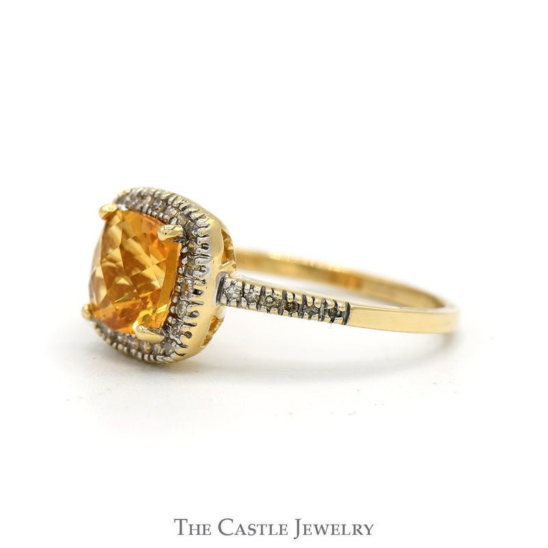 Cushion Cut Citrine Ring with Diamond Halo and Accented Sides in 14k Yellow Gold