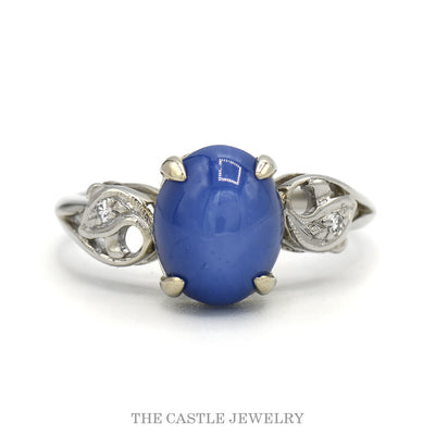 14K White Gold Star Sapphire Cabochon Ring with Diamond Scroll Design