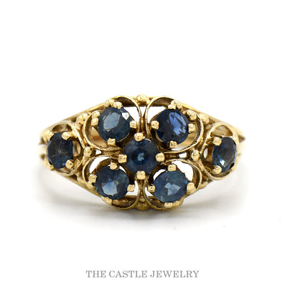14K Yellow Gold Sapphire Vintage Cluster Floral Ring
