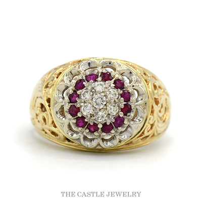 14k yellow gold Kentucky cluster ring with ruby halo and diamond center — top view