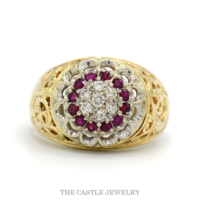 14k yellow gold Kentucky cluster ring with ruby halo and diamond center — top view