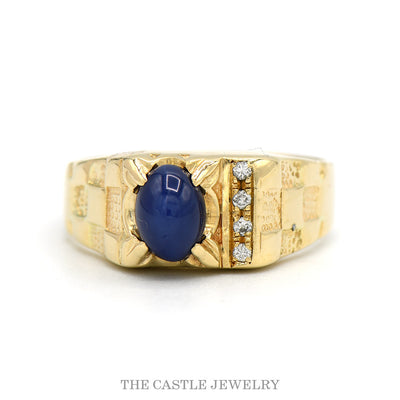 Men's Oval Lindy Star Ring with Diamond Accents and Checkered Textured Sides in 14k Yellow Gold