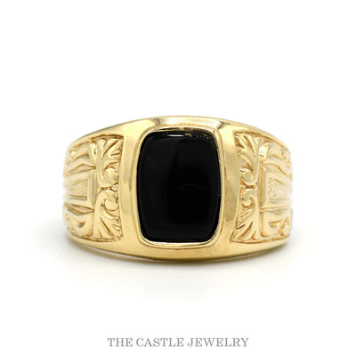 10k yellow gold men's signet ring with rectangular black onyx center and floral-engraved shoulders — top view