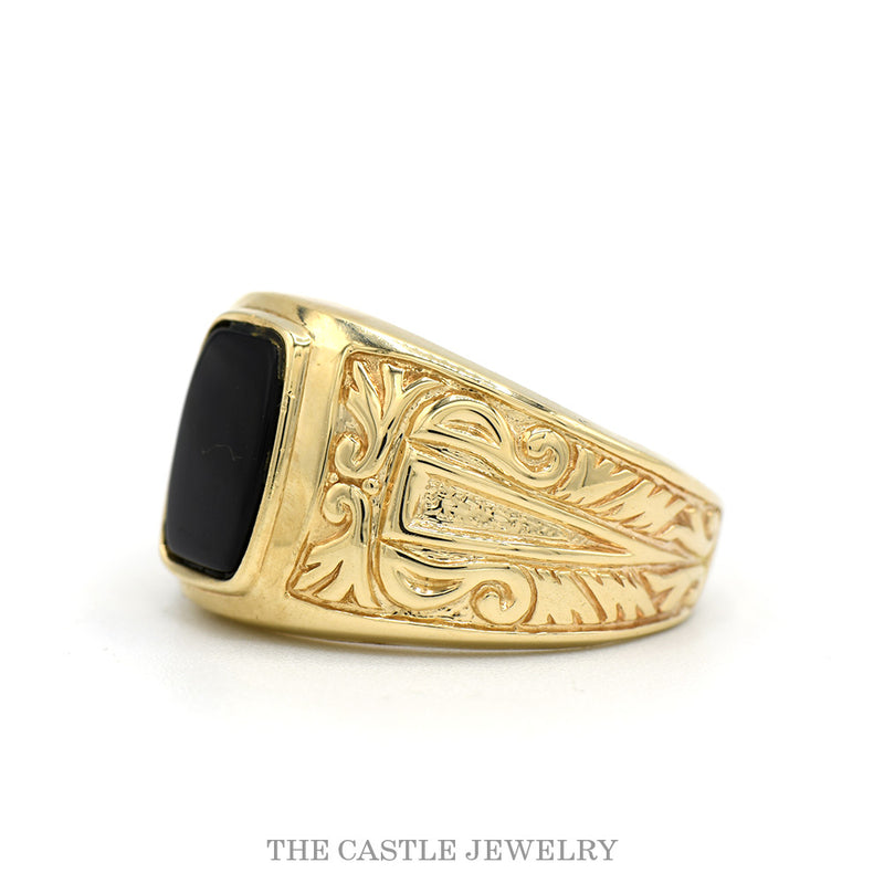 Side profile of the 10k yellow gold black onyx signet ring showing band thickness and bezel depth