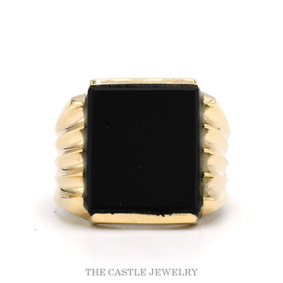 10k yellow gold ring with flat rectangular black onyx and sculpted ridged shoulders — top view