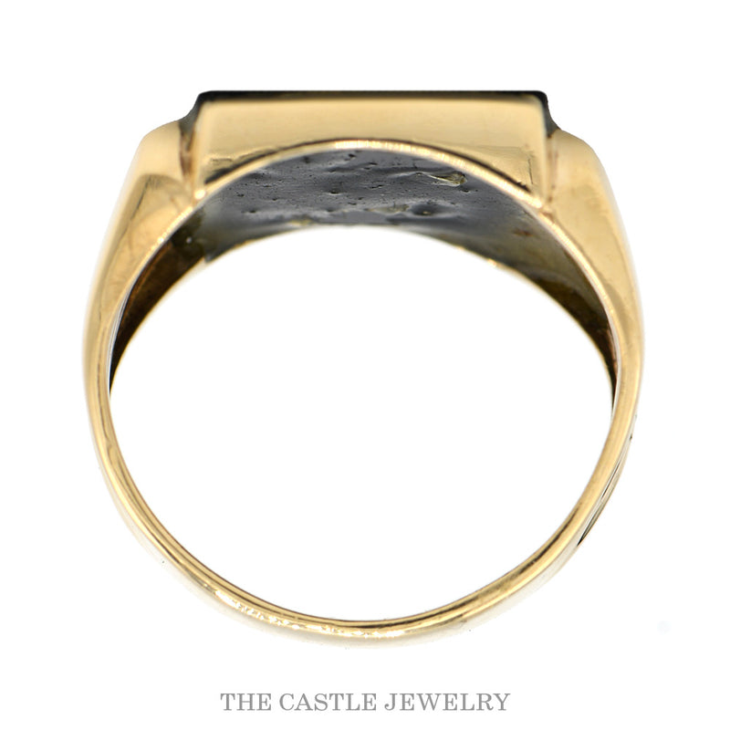 Front-facing view of the 10k yellow gold black onyx ring showing the stepped ridge detail on each shoulder