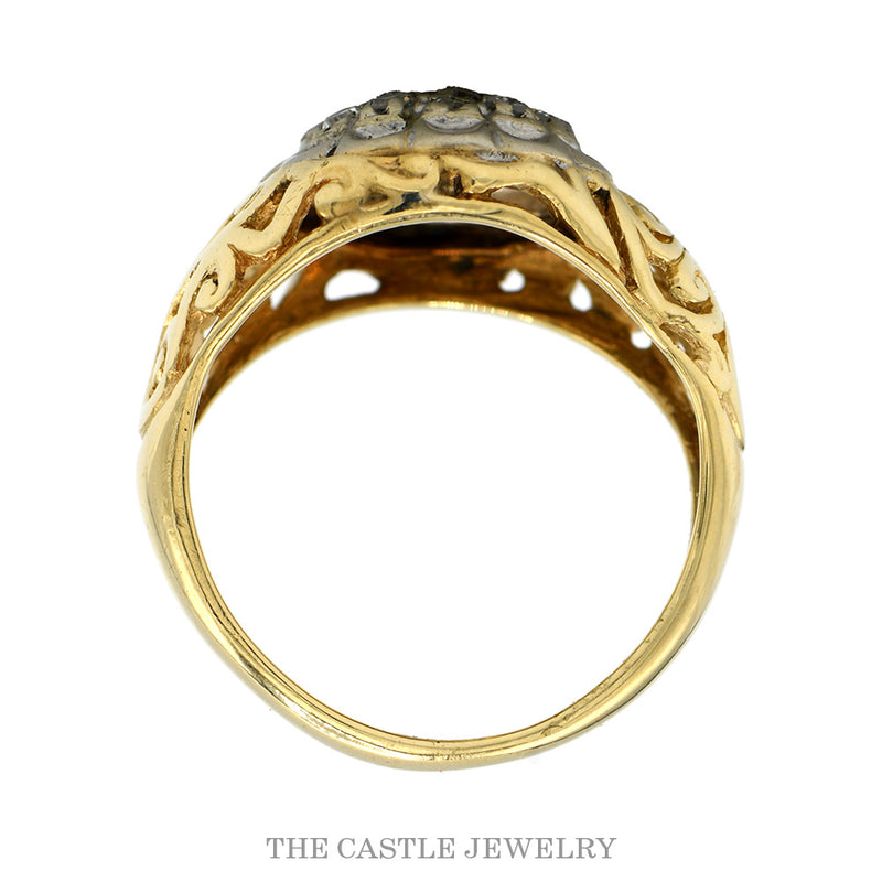 Front-facing view of the 10k yellow gold diamond cluster ring