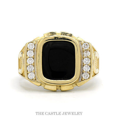 Rectangular Black Onyx Men's Ring with Cubic Zirconia Accents and Horseshoe Sides in 14k Yellow Gold