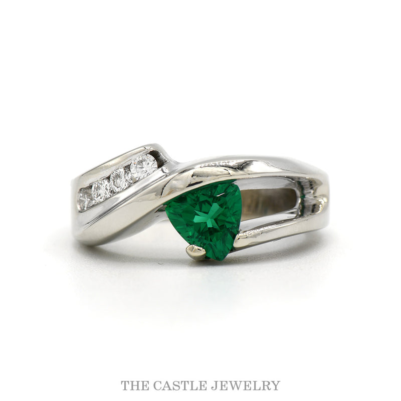 14k white gold trillion-cut emerald bypass ring with diamond accents — top view