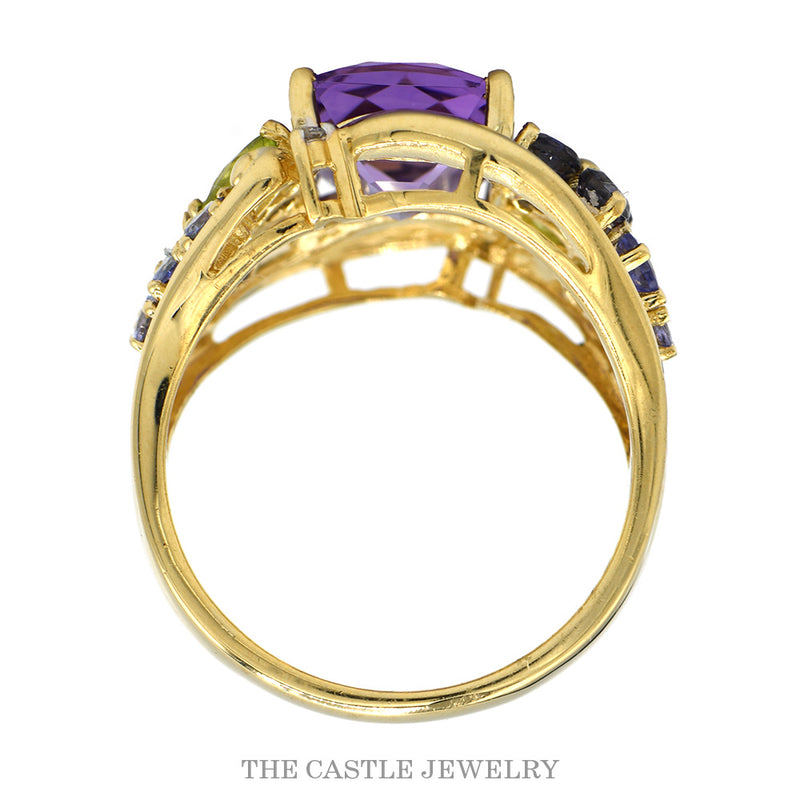 Front-facing view of the 14k yellow gold amethyst flower design ring