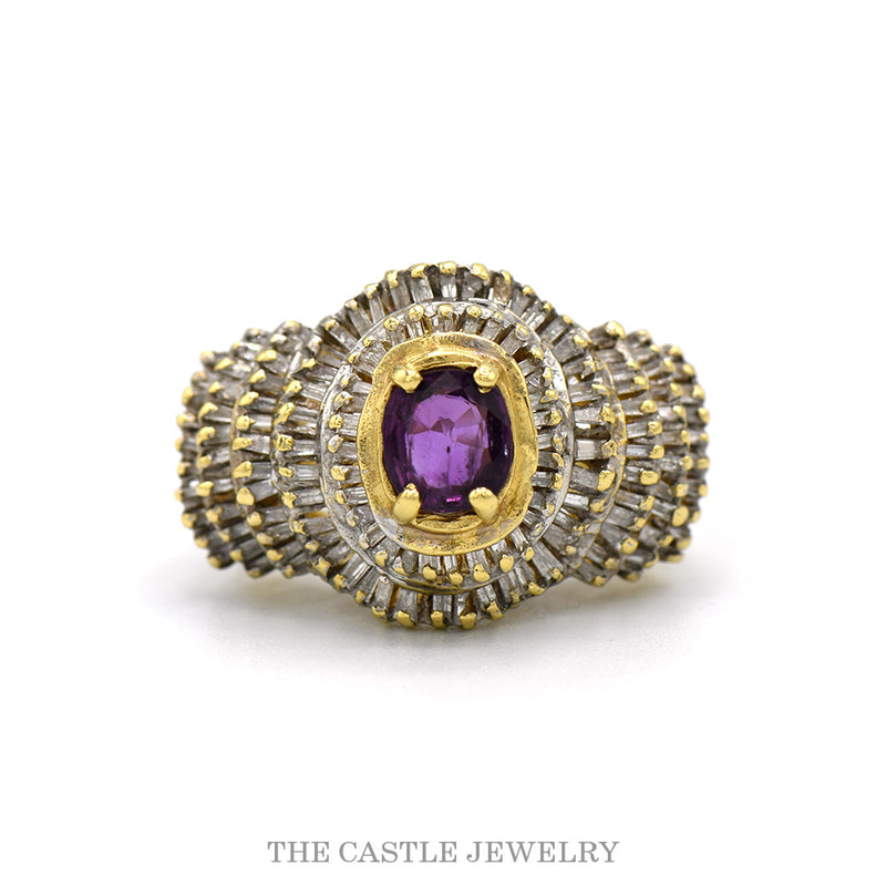14k yellow gold rhodolite garnet baguette diamond ballerina ring — top view
