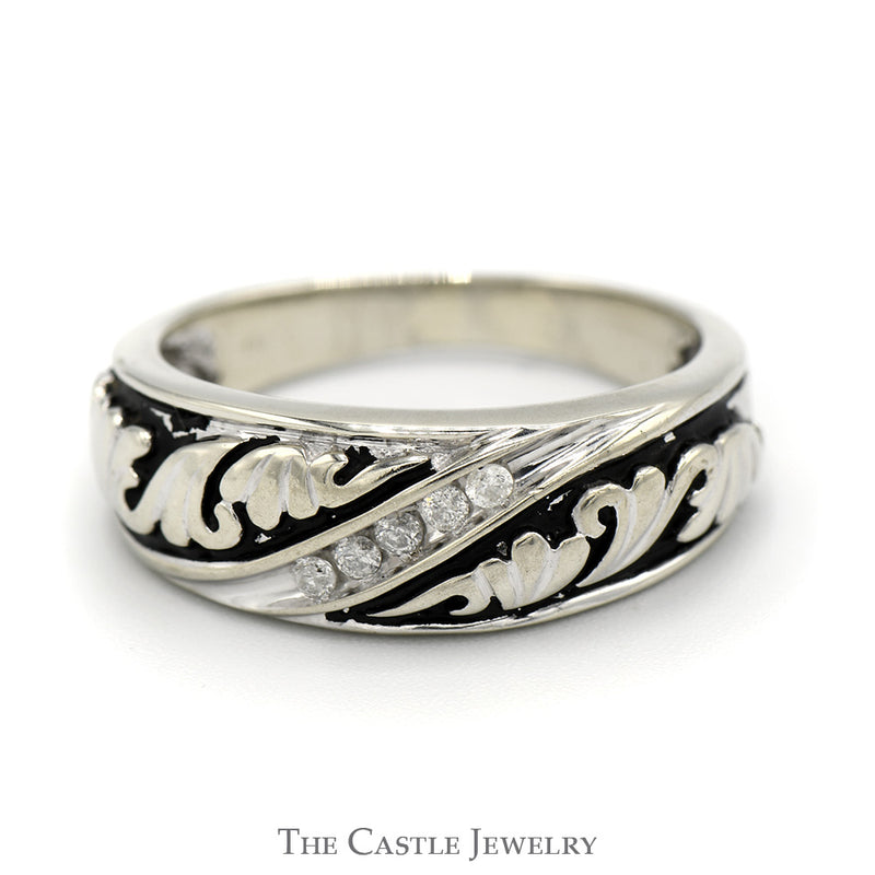 Nick Set Diamond Band with Black Enamel Floral Design in 10k White Gold