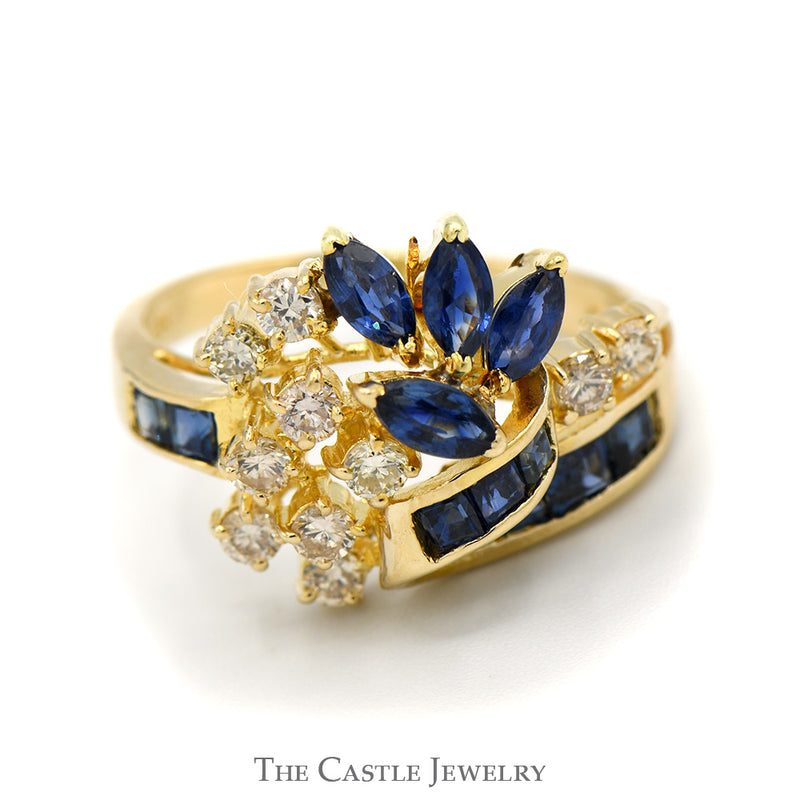 Sapphire and Diamond Flower Cluster Ring in 14k Yellow Gold