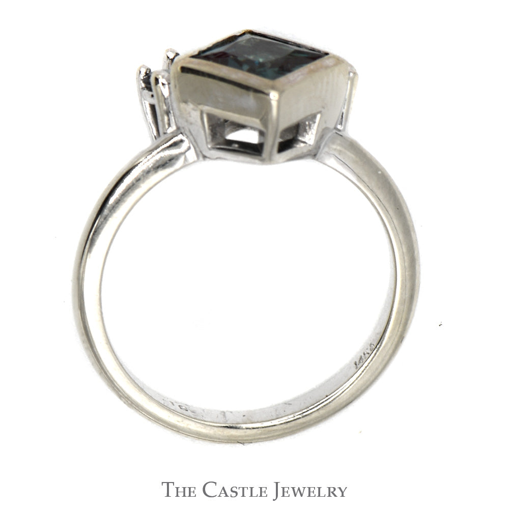 Bezel Set Square Alexandrite Ring with Diamond Accents and Matching Band in 14k White Gold
