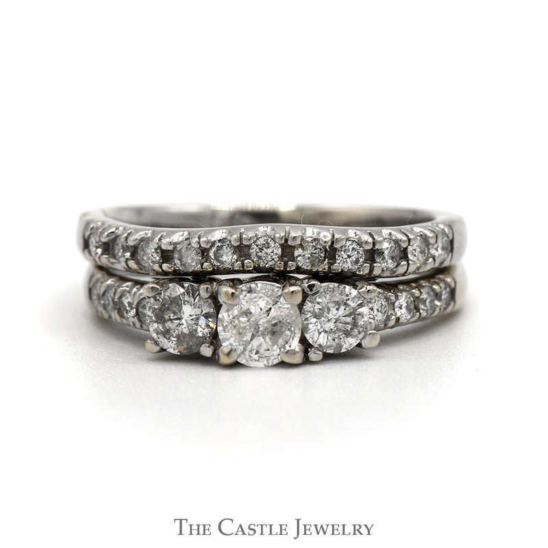 Three Stone Diamond Bridal Set with Diamond Accents and Matching Band in 14k White Gold