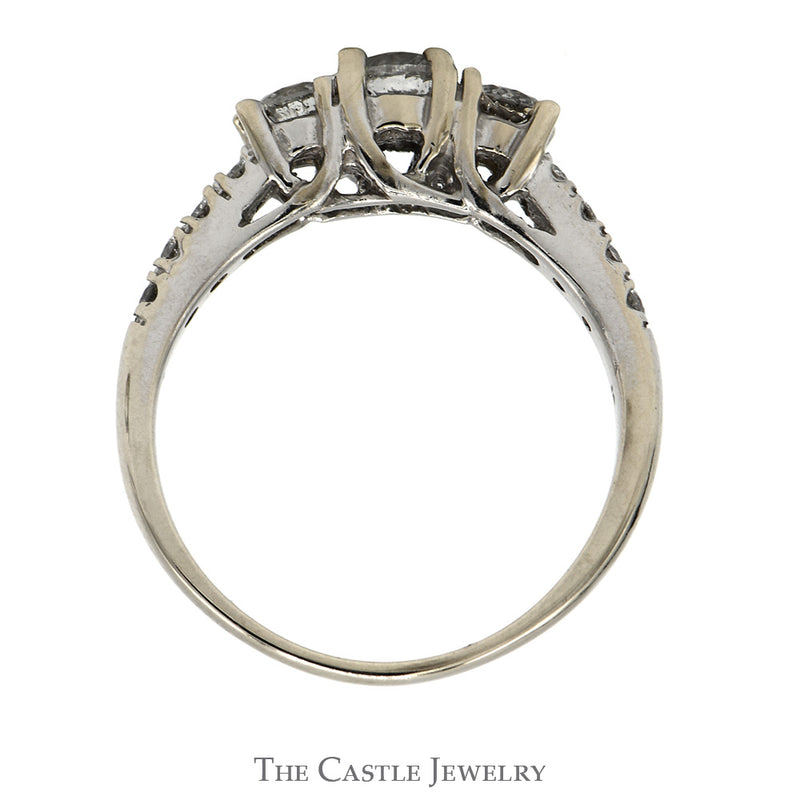 Three Stone Diamond Bridal Set with Diamond Accents and Matching Band in 14k White Gold