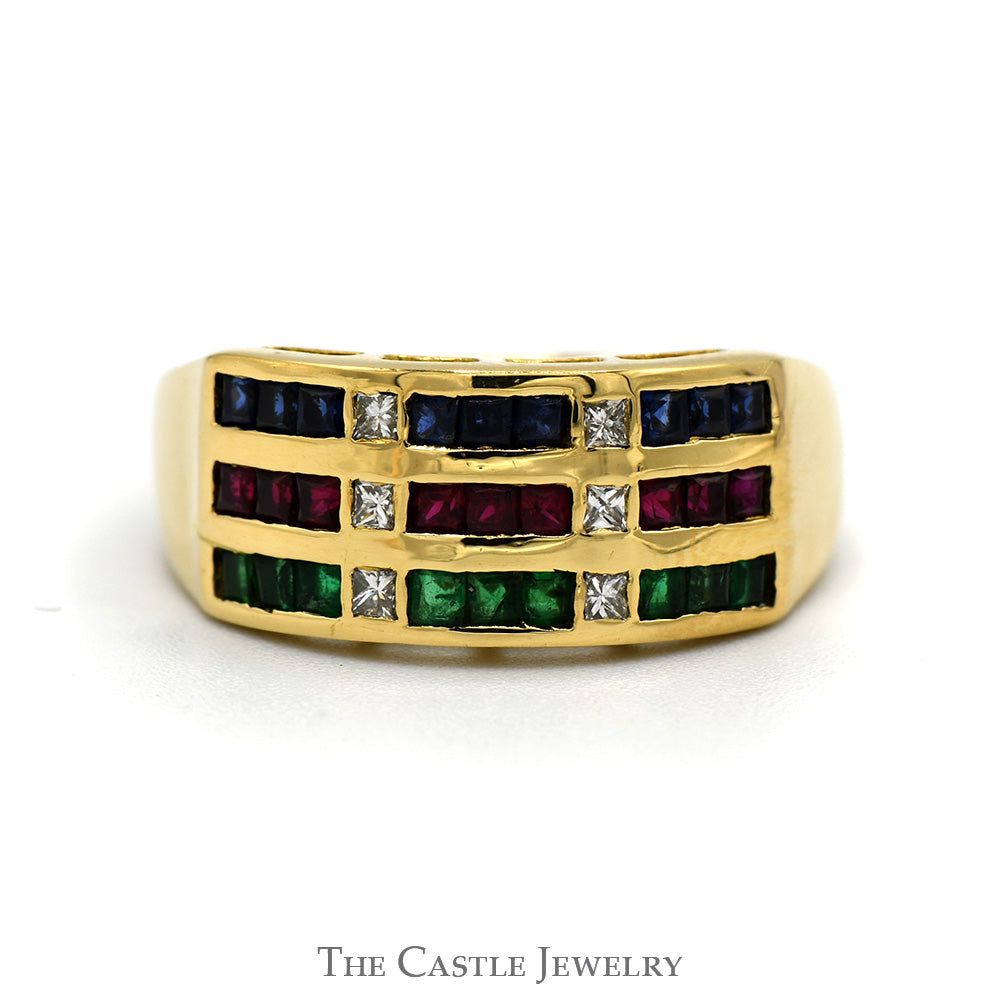 Princess Cut Sapphire, Ruby & Emerald Multi Row Ring with Diamond Acce