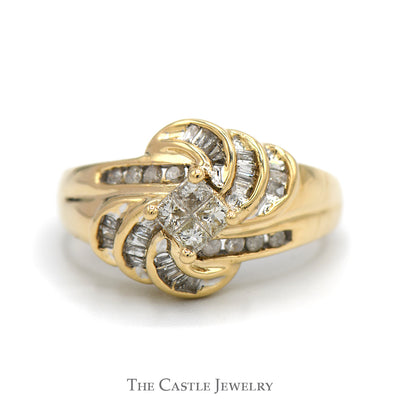 Princess Cut Invisiset Diamond Cluster Ring with Round and Baguette Accents in 10k Yellow Gold Swirled Design