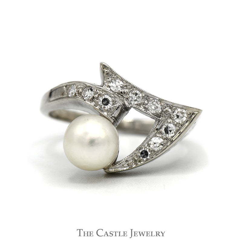 Curved Open Freeform Pearl Ring with Diamond Accents in 14k White Gold