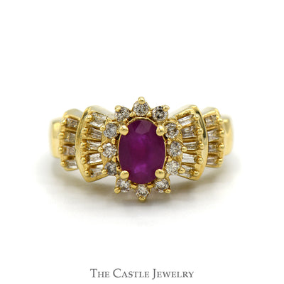 Oval Ruby Ring with Diamond Halo and Baguette Cut Accented Sides in 14k Yellow Gold