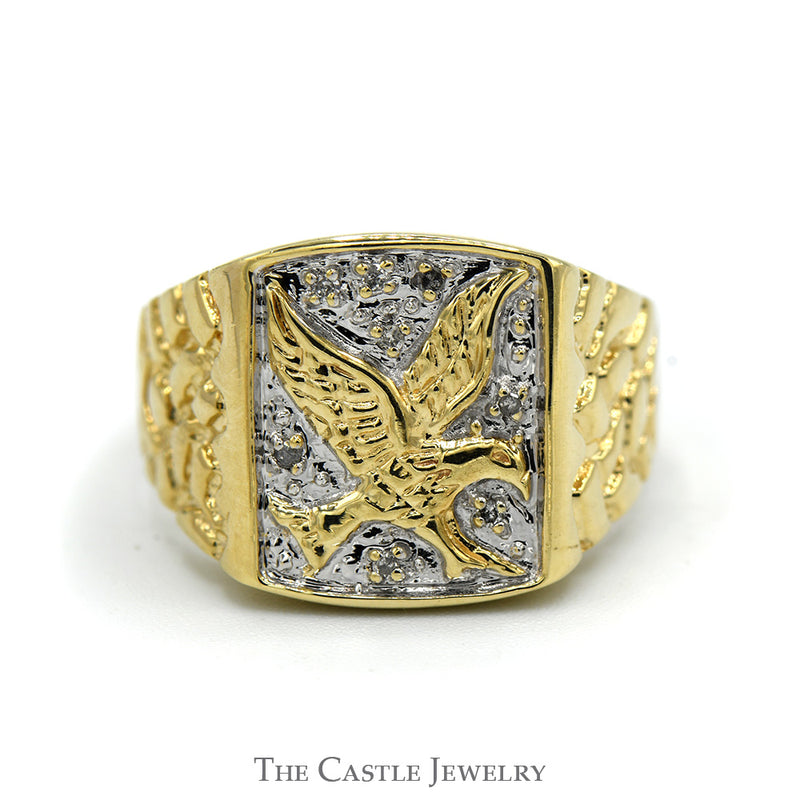 Men's Two Tone Eagle Signet Ring with Illusion Set Diamond Accents and Nugget Sides in 10k Yellow Gold