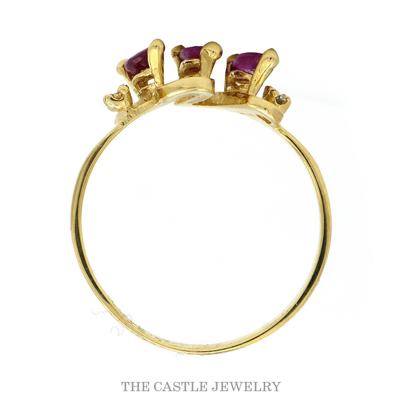 Triple Marquise Cut Ruby Ring with Diamond Accents in 10k Yellow Gold