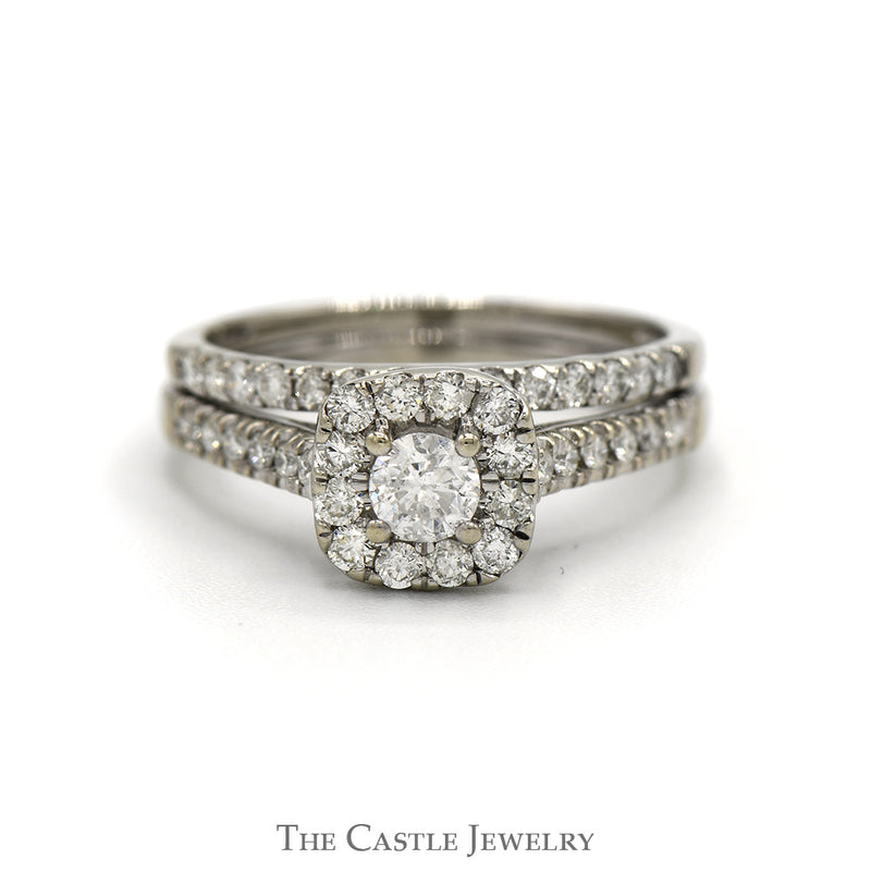 1cttw Round Diamond Solitaire Bridal Set with Diamond Halo and Diamond Accented Sides with Matching Band in 10k White Gold