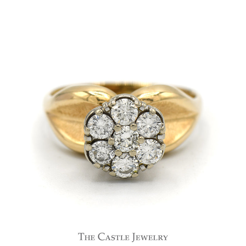 1cttw Round 7 Diamond Cluster Ring with Brushed Concaved Sides in 14k Yellow Gold