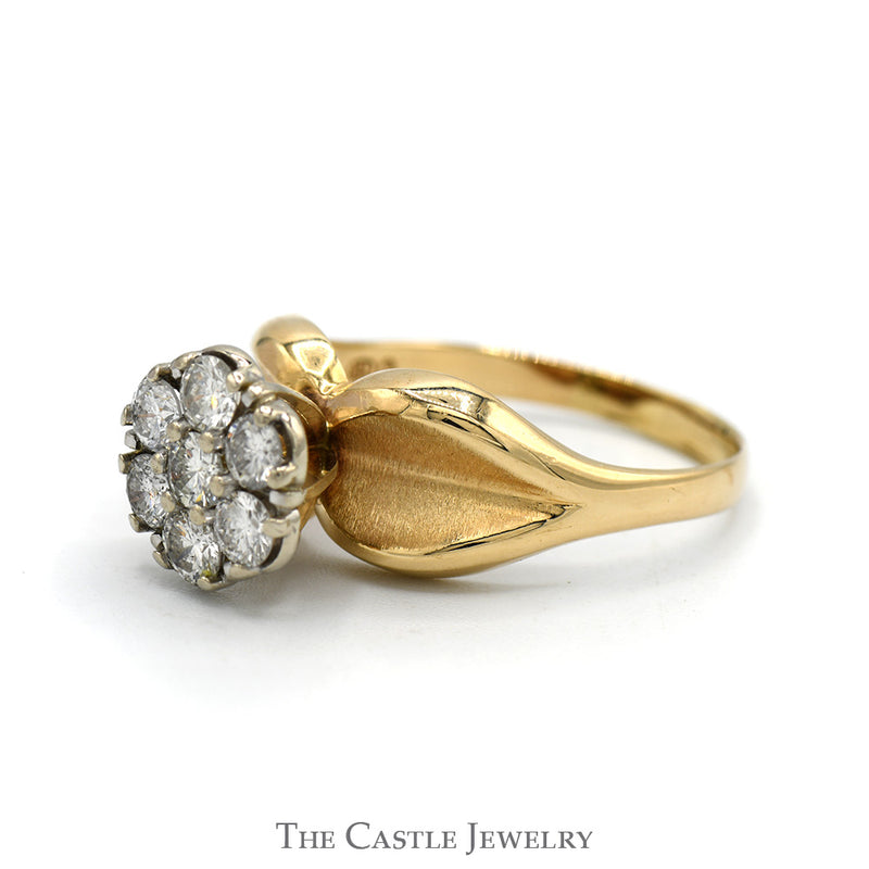 1cttw Round 7 Diamond Cluster Ring with Brushed Concaved Sides in 14k Yellow Gold