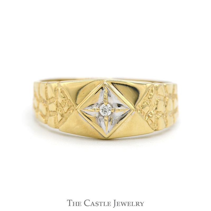 Diamond Solitaire Band with Textured Nugget Sides in 10k Yellow Gold