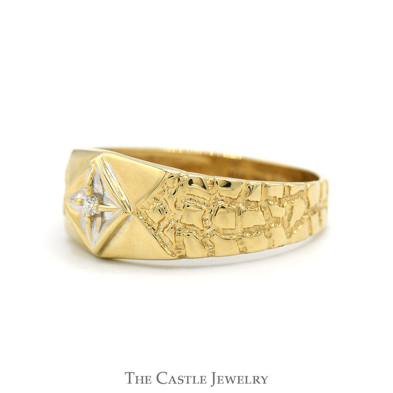 Diamond Solitaire Band with Textured Nugget Sides in 10k Yellow Gold