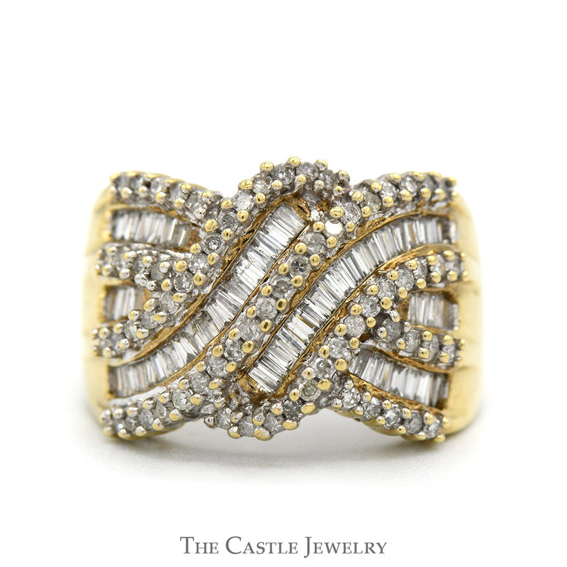 1cttw Baguette and Round Diamond Interwoven Cluster Bypass Ring in 10k Yellow Gold