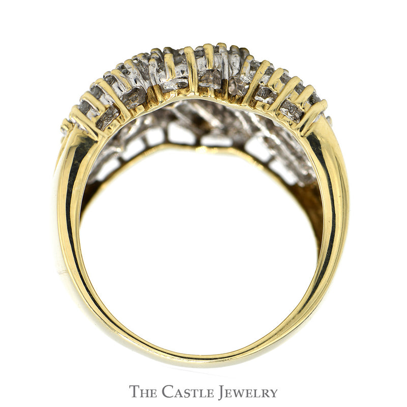 1cttw Baguette and Round Diamond Interwoven Cluster Bypass Ring in 10k Yellow Gold