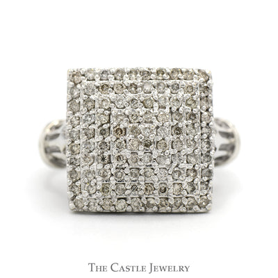 1cttw Square Shaped Diamond Cluster Ring with Bar Designed Sides in 14k White Gold