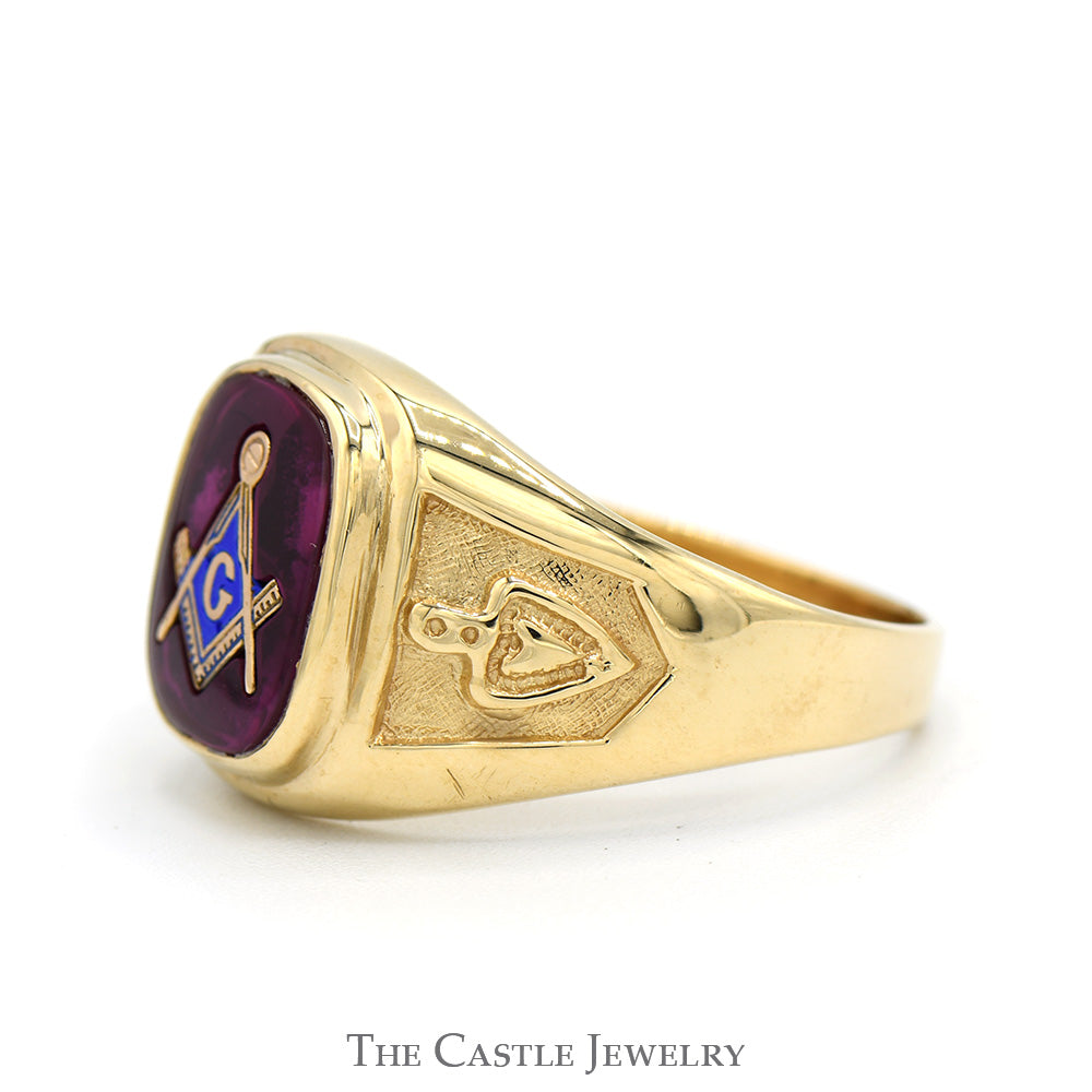 Square Compass Masonic Ring on Red Stone with Side Symbols in