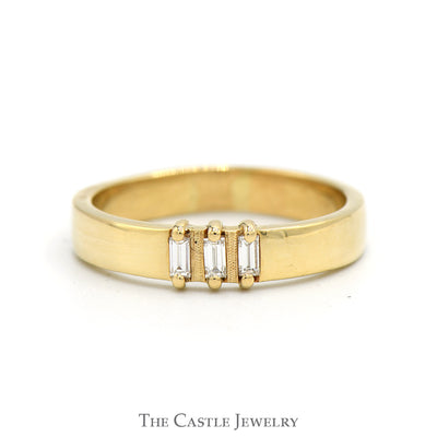 Three Stone Baguette Diamond Ring with 4mm Polished Sides in 14k Yellow Gold