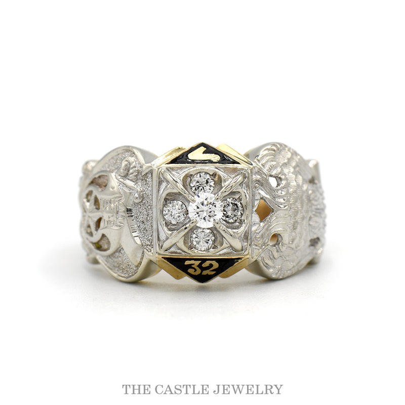 10k two-tone Scottish Rite 32nd degree Masonic ring with diamond cluster — top view