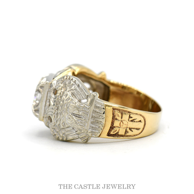 Side profile of the 10k two-tone Masonic ring showing fraternal side emblems