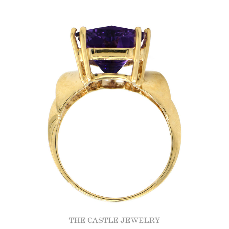 Front-facing view of the 10k yellow gold trillion amethyst ring
