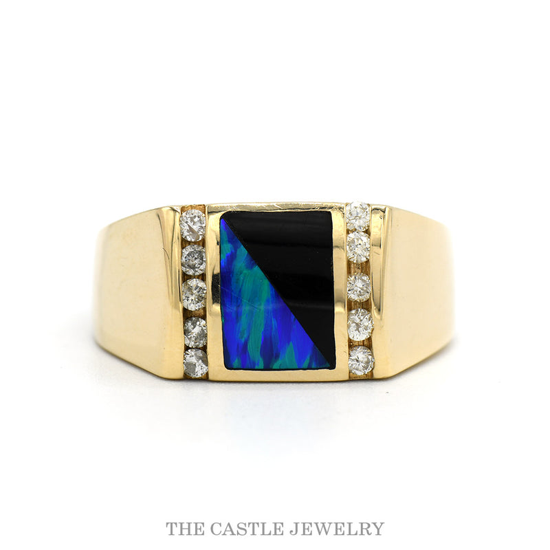 Rectangular Split Onyx and Opal Inlay Ring with Channel Set Diamond Accents in 14k Yellow Gold