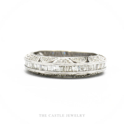 14k white gold diamond wedding band with baguette channel and marquise filigree top edge — top view