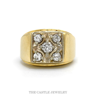 14k yellow gold men's 1cttw five diamond square cluster ring — top view