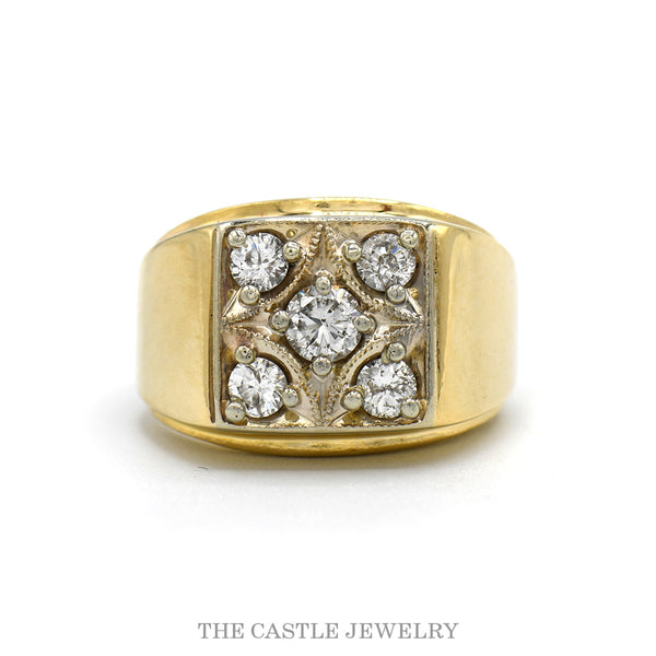 14k yellow gold men's 1cttw five diamond square cluster ring — top view