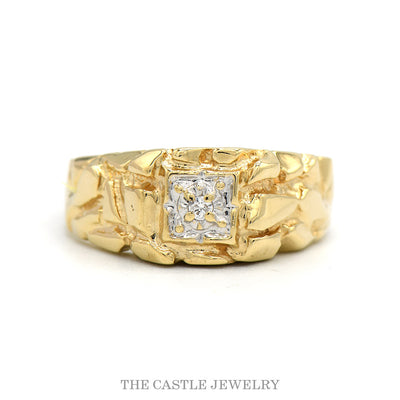 Textured Nugget Style Ring with Diamond Solitaire Accent in 10k Yellow Gold