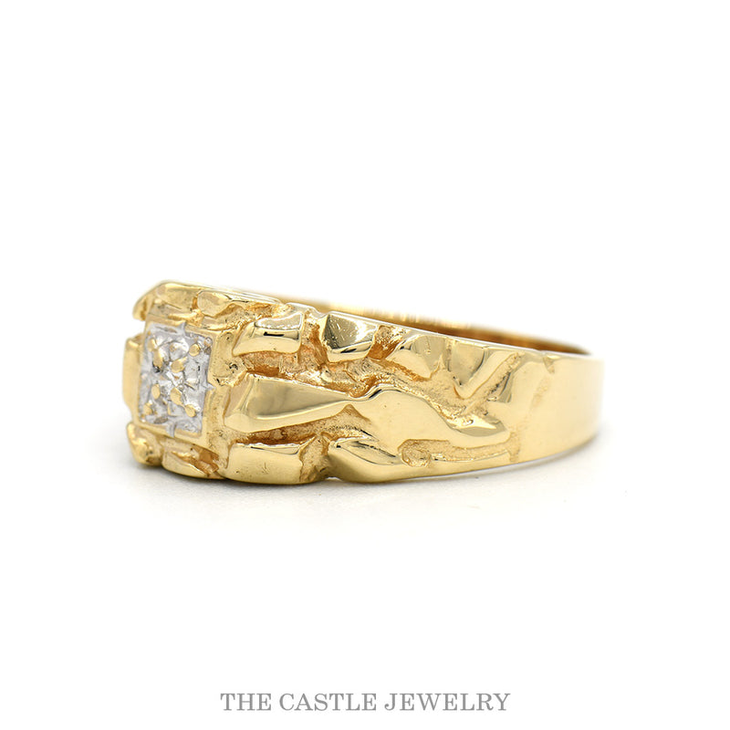 Textured Nugget Style Ring with Diamond Solitaire Accent in 10k Yellow Gold