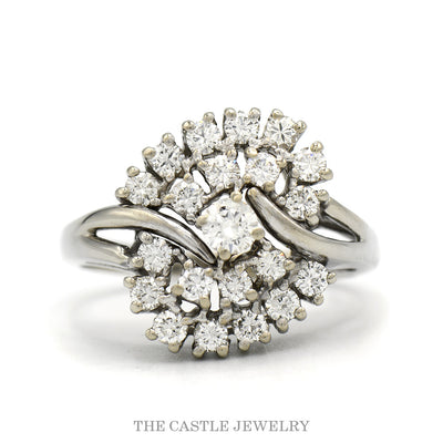 14k white gold 1ctw round brilliant diamond cluster ring — top view