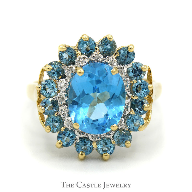 Oval Blue Topaz Ring with Blue Topaz & Diamond Halo in 14k Yellow Gold