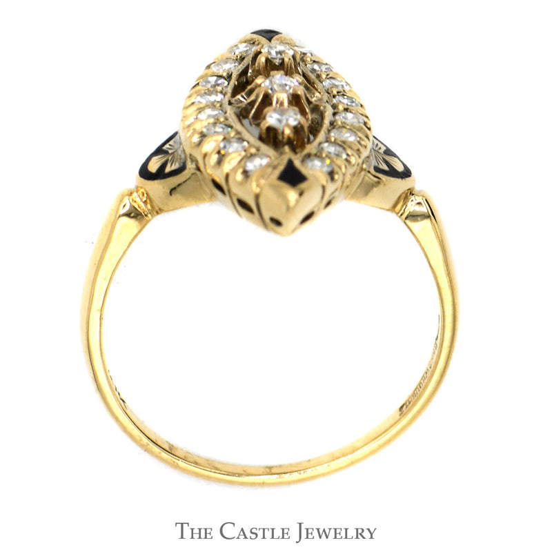 Single Cut Old European Cut Diamond Cluster Shield Ring with Black Enamel Accents in 10k yellow Gold