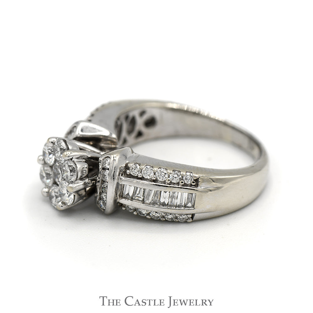1.25cttw Round Diamond Cluster Ring with Accented Sides in 14k White Gold