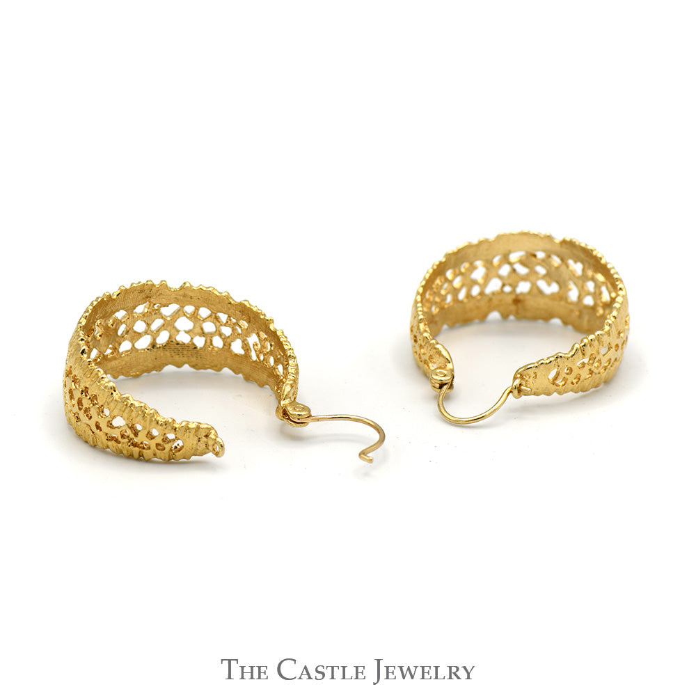 14k Yellow Gold Open Hoop Earrings with Textured Lattice Design